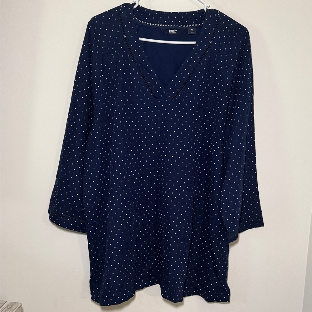 Lands’ End Women’s XL Blue Polka Dot V Neck 3/4 Sleeve Blouse